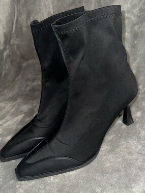 Black Pointed Toe Black Stretch Ankle Satin Sock Booties with Kitten Heel